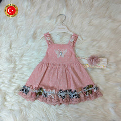 Turkish Dress Baby Butterfly Patterned Pink Frock with Head Band